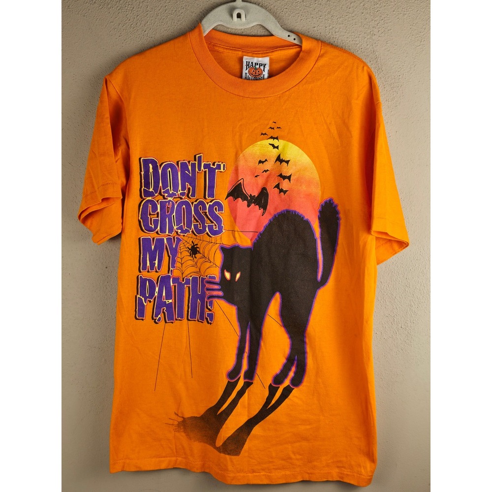 Vintage Happy Halloween Don't Cross My Path Orange Black Cat Tshirt Medium
